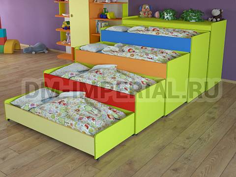 Оснащение детских садов, Кровати, Кровать 4-х ярусная выкатная с тумбой КР-014-Т