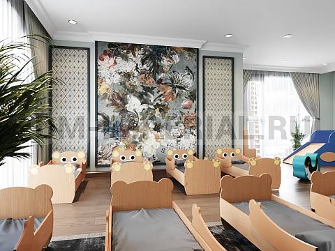 Оснащение детских садов, Кровати, Кровать ЛДСП Мишутка с рисунком и лапами КР-003-Р-Л