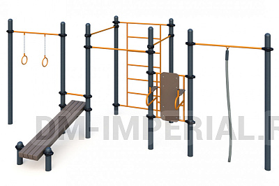 Гимнастические кольца, три турника, канат, шведская стенка, брусья, лавка наклонная W-01-010
