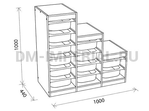 Оснащение детских садов, Шкафы, Стеллаж для хранения трехсекционный, разноуровневый, вар. 2, высота 1000 СХ-021