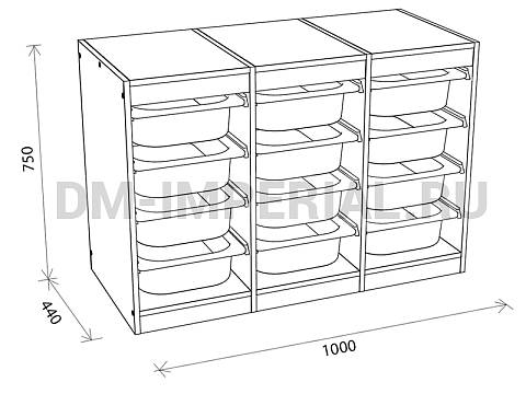 Оснащение детских садов, Шкафы, Стеллаж для хранения трехсекционный, высота 750 СХ-006