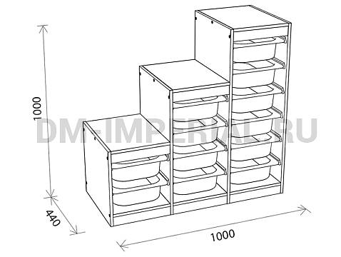 Оснащение детских садов, Шкафы, Стеллаж для хранения трехсекционный, разноуровневый, вар. 1, высота 1000 СХ-020
