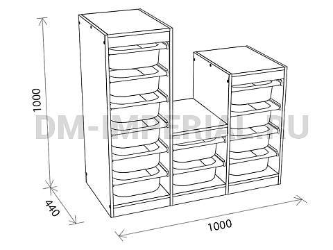 Оснащение детских садов, Шкафы, Стеллаж для хранения трехсекционный, разноуровневый, вар. 3, высота 1000 СХ-022